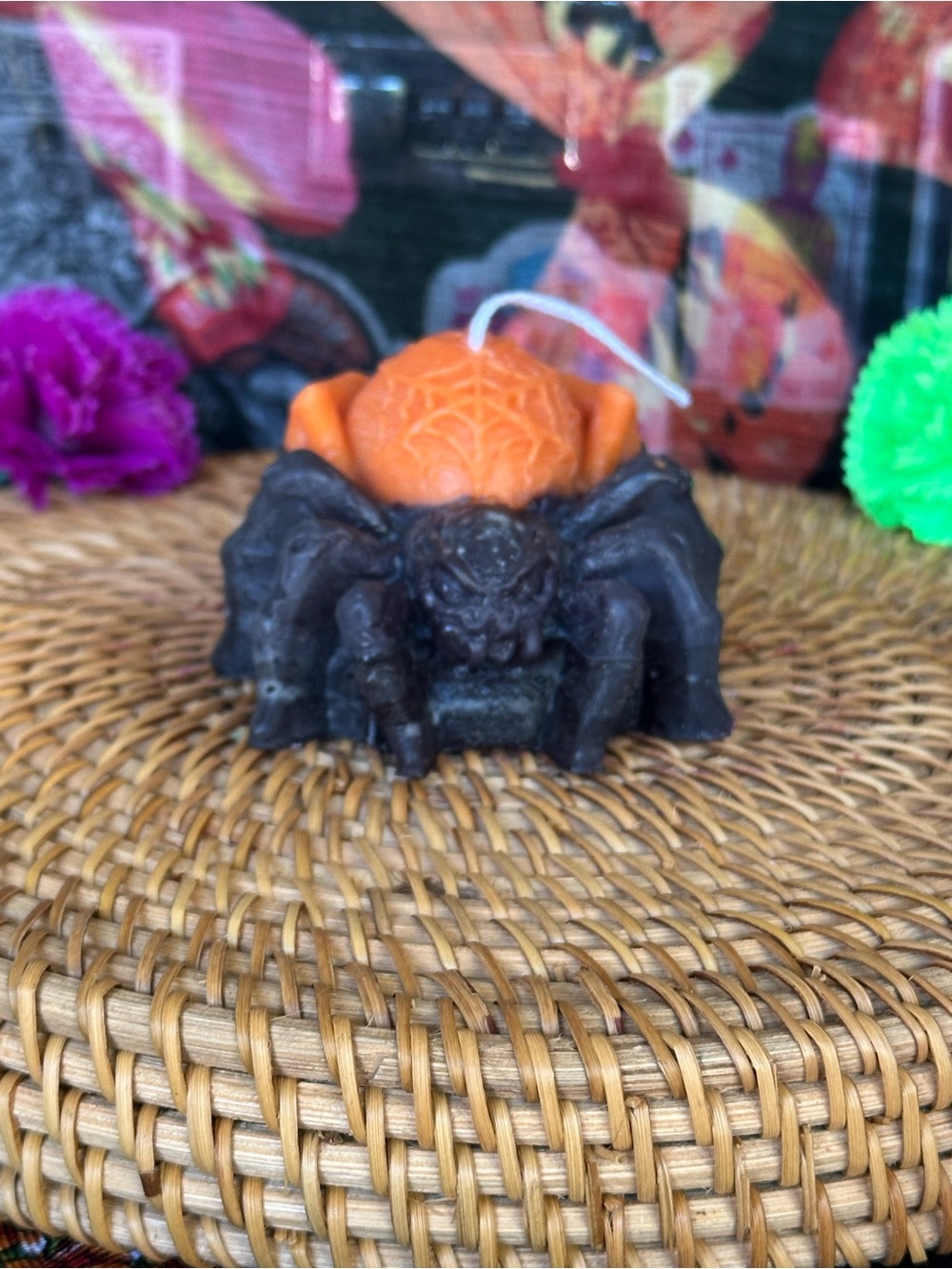 Handmade Black Spider Candle with Orange Web Center